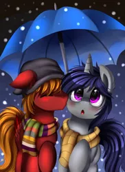 Size: 2550x3509 | Tagged: safe, artist:pridark, derpibooru import, oc, unofficial characters only, pony, blushing, clothes, cute, eyes closed, gay, kissing, male, night, open mouth, point commission, raised hoof, scarf, snow, snowfall, umbrella