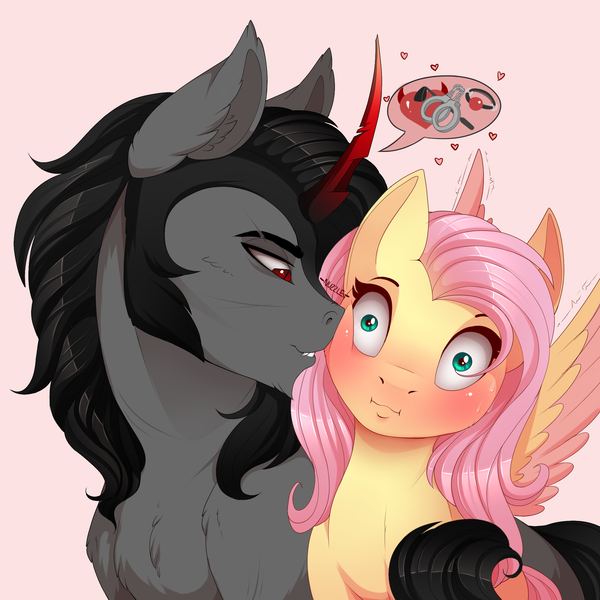 Size: 2200x2200 | Tagged: suggestive, artist:evehly, derpibooru import, fluttershy, king sombra, pegasus, pony, unicorn, :i, ballgag, bedroom eyes, blushing, blushing profusely, bondage, chest fluff, cuffs, curved horn, ear fluff, female, gag, heart, imminent sex, implied bondage, male, mare, nuzzling, pink background, shipping, simple background, sombrashy, speech bubble, spread wings, stallion, straight, sweat, wide eyes, wingboner