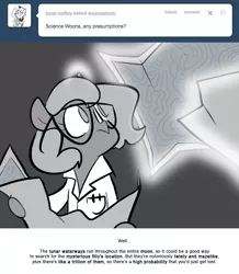 Size: 666x763 | Tagged: artist:egophiliac, clothes, derpibooru import, filly, glasses, grayscale, lab coat, magic, map, monochrome, moonstuck, princess luna, safe, science woona, solo, tumblr, tumblr comic, woona, younger