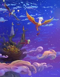 Size: 1650x2100 | Tagged: safe, artist:viwrastupr, derpibooru import, part of a set, gabby, gilda, greta, gryphon, bag, beautiful, castle griffonstone, clothes, cloud, color porn, flying, griffonstone, night, night sky, paws, scarf, scenery, smiling, spread wings, starry night, stars, wings