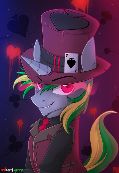 Size: 1500x2171 | Tagged: safe, artist:redchetgreen, derpibooru import, oc, oc:spades, unofficial characters only, pony, unicorn, glowing eyes, hat, male, playing card, solo, stallion, top hat