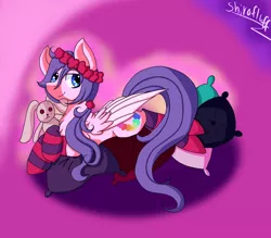 Size: 1972x1728 | Tagged: safe, artist:shirofluff, derpibooru import, oc, oc:pliant peony, unofficial characters only, changeling, pegasus, pony, clothes, firealpaca, nonbinary, pillow, socks, solo, striped socks