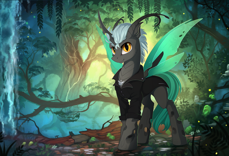 Size: 2100x1428 | Tagged: artist:yakovlev-vad, changeling, changeling oc, clothes, commission, derpibooru import, forest, jacket, looking at you, male, oc, patreon reward, safe, scenery, smiling, solo, tree, unofficial characters only, waterfall