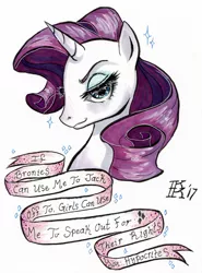 Size: 800x1083 | Tagged: suggestive, artist:d0nkarnage, derpibooru import, rarity, pony, unicorn, activist, anti-brony, anti-clop, bust, eyeshadow, feminism, feminist, feminist ponies, implied masturbation, implied sex, lidded eyes, looking at you, makeup, meta, mouthpiece, old banner, op started shit, politics, portrait, reaction image, signature, simple background, smiling, social justice warrior, solo, sparkles, traditional art, vulgar, white background