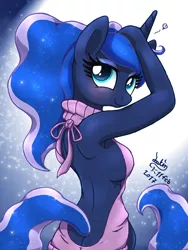 Size: 975x1300 | Tagged: adorasexy, alicorn, anthro, artist:joakaha, backless, bare shoulders, breasts, busty princess luna, buttcrack, clothes, cute, derpibooru import, eyeshadow, female, from behind, heart, looking back, makeup, missing accessory, open-back sweater, princess luna, sexy, sideboob, signature, sleeveless sweater, smiling, solo, solo female, suggestive, sweater, virgin killer sweater, wingless, wingless anthro