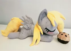 Size: 3768x2736 | Tagged: artist:epicrainbowcrafts, blushing, cute, daaaaaaaaaaaw, derpibooru import, derpy hooves, female, filly, food, irl, muffin, photo, plushie, safe, sleeping, solo