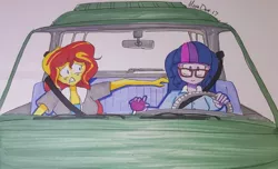 Size: 1024x623 | Tagged: safe, artist:missmayaleanne, derpibooru import, sci-twi, sunset shimmer, twilight sparkle, equestria girls, car, clothes, driving, female, glasses, lesbian, scitwishimmer, seatbelt, shipping, sunsetsparkle, terrified, traditional art, vehicle