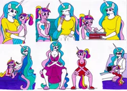 Size: 1600x1148 | Tagged: safe, artist:killerteddybear94, derpibooru import, princess cadance, princess celestia, alicorn, anthro, plantigrade anthro, pony, aunt and niece, auntlestia, bathrobe, book, bow, breasts, busty princess cadance, busty princess celestia, cake, clothes, cute, cutedance, cutelestia, daaaaaaaaaaaw, dancing, eyes closed, female, food, frosting, glasses, hairbrush, holding, ice cream, licking, lidded eyes, mare, momlestia, multicolored mane, multicolored tail, nightgown, open mouth, pajamas, ponytail, reading, royalty, shirt, short skirt, skirt, sleeping, slippers, smiling, t-shirt, teen princess cadance, tongue out, traditional art
