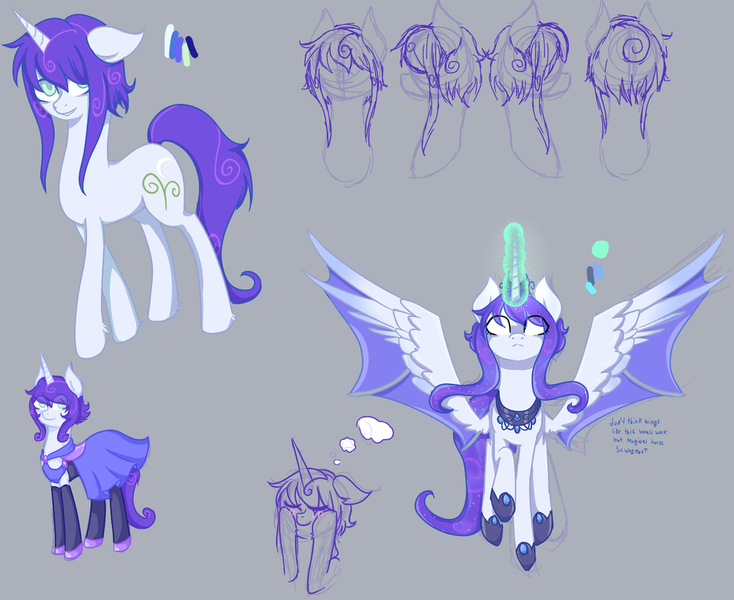 Size: 1024x837 | Tagged: safe, artist:lady-cold, derpibooru import, oc, oc:moonflower, unofficial characters only, alicorn, bat pony, bat pony alicorn, pony, unicorn, cheek squish, clothes, dress, glowing horn, magic, reference sheet, sketch, solo, squishy cheeks