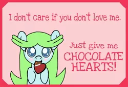 Size: 1054x720 | Tagged: artist:akakun, chocolate, derpibooru import, food, heart, hearts and hooves day, honesty, mouth hold, oc, oc:smiley beam, safe, text, unofficial characters only