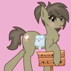 Size: 1000x1000 | Tagged: safe, artist:aaa-its-spook, artist:spook, derpibooru import, oc, oc:sweethooves, unofficial characters only, earth pony, pony, pony town, blushing, brown eyes, brown mane, butt blush, butt freckles, chest fluff, cute, freckles, holding, looking at you, ponytail, saddle bag, short tail, sign, silly, smiling, solo, tongue out