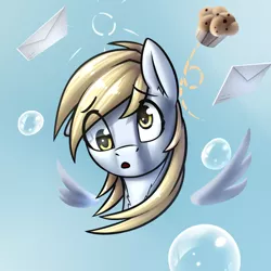 Size: 1000x1000 | Tagged: safe, artist:starfall-spark, derpibooru import, derpy hooves, pegasus, pony, bubble, bust, female, food, mare, muffin, portrait, solo