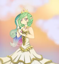 Size: 624x681 | Tagged: artist:glenray35, clothes, derpibooru import, dress, elf ears, human, humanized, princess celestia, safe, solo