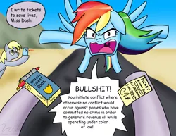 Size: 3295x2538 | Tagged: safe, artist:sonigoku, derpibooru import, copper top, derpy hooves, rainbow dash, pegasus, pony, female, first person view, fuck the police, libertarian, mare, mobile phone, mouthpiece, offscreen character, phone, police, political cartoon, politics, pov, recording, smartphone, speeding ticket, traffic stop, vulgar