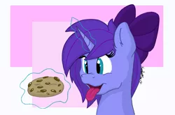 Size: 1107x731 | Tagged: safe, artist:kundofox, derpibooru import, oc, oc:seafood dinner, unofficial characters only, pony, unicorn, bow, cookie, food, magic, simple background, solo, tongue out