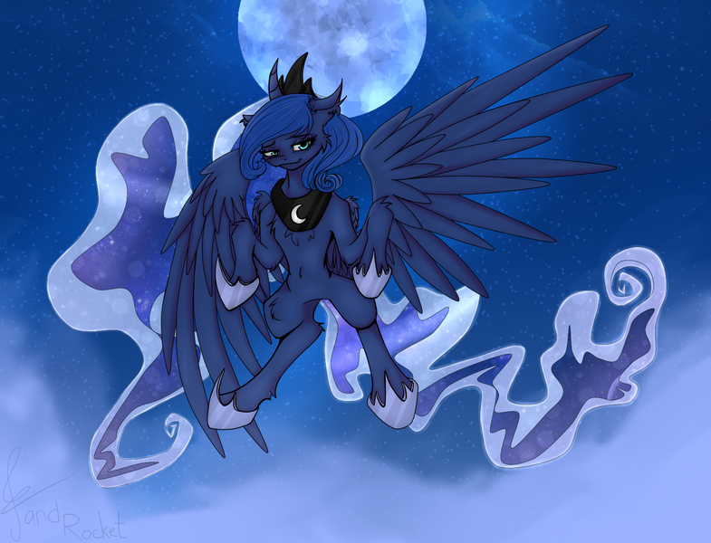 Size: 1700x1300 | Tagged: safe, artist:charlottelanoire, artist:skylinetoaster, derpibooru import, princess luna, alicorn, pony, chest fluff, collaboration, flying, moon, solo