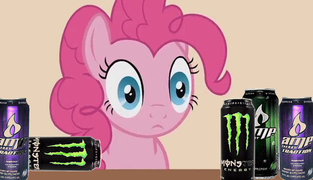 Size: 612x352 | Tagged: safe, derpibooru import, edit, edited screencap, screencap, pinkie pie, earth pony, pony, aluminum can, amp energy, can, drink, emotionless, energy drink, female, mare, monster energy, soda can, solo, stare, this will not end well, wide eyes, xk-class end-of-the-world scenario, your little pets