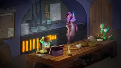 Size: 1024x579 | Tagged: safe, artist:breakdream, derpibooru import, starlight glimmer, oc, oc:frost d. tart, oc:golden lily, alicorn, pony, alicorn oc, bipedal, book, brother and sister, cooking, food, kitchen, magic, mind control, smiling