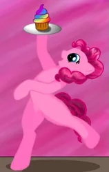 Size: 329x520 | Tagged: safe, artist:onyxpenstroke, derpibooru import, pinkie pie, earth pony, pony, backbend, baking, blurred background, cupcake, food, looking up, rainbow cupcake, solo, standing, standing on one leg