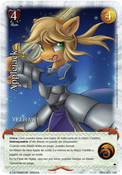 Size: 709x1016 | Tagged: anthro, applejack, armor, artist:ardail, artoria pendragon, card, card game, clothes, crossover, derpibooru import, ear fluff, edit, excalibur, fate/stay night, game, mitos y leyendas tcg, myths and legends tcg, open mouth, saber, safe, solo, spanish, sword, tcg, trading card, trading card edit, weapon