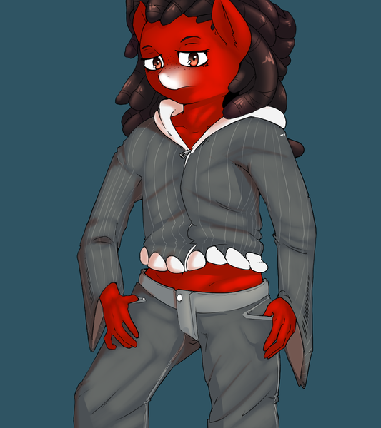 Size: 1000x1125 | Tagged: anthro, artist:violise, clothes, derpibooru import, dreadlocks, oc, oc:florid, red and black oc, safe, solo, source needed, unofficial characters only, useless source url