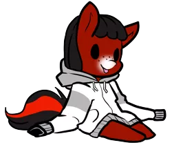 Size: 1862x1562 | Tagged: safe, artist:neoncel, derpibooru import, oc, oc:florid, unofficial characters only, chibi, clothes, cute, freckles, hoodie, red and black oc, simple background, sitting, smiling, smolpone, solo, tongue out, transparent background