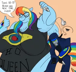 Size: 2000x1902 | Tagged: anthro, artist:reversekrunksauce, bbw, breasts, busty rainbow dash, derpibooru import, dork, duo, fat, female, freckles, gamer dash, gamerdash, non-mlp oc, non-pony oc, obese, oc, rainblob dash, rainbow dash, rainbow dork, safe, tattoo, wii, wii remote