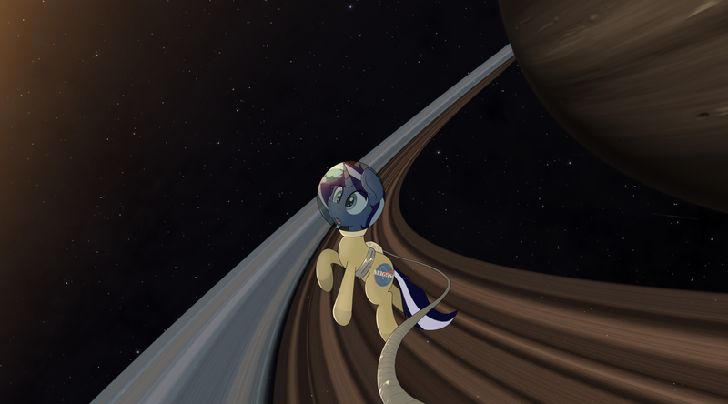 Size: 1280x711 | Tagged: safe, artist:jordo76, derpibooru import, oc, oc:ethereal trails, unofficial characters only, pony, unicorn, astronaut, solo, space, spacesuit, tether