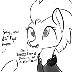 Size: 810x811 | Tagged: safe, artist:tjpones, derpibooru import, fizzlepop berrytwist, tempest shadow, pony, unicorn, my little pony: the movie, broken horn, clothes, cute, dialogue, disembodied hoof, eye scar, female, grayscale, happy, looking up, mare, monochrome, open mouth, pointing, scar, shirt, simple background, sketch, smiling, solo focus, white background