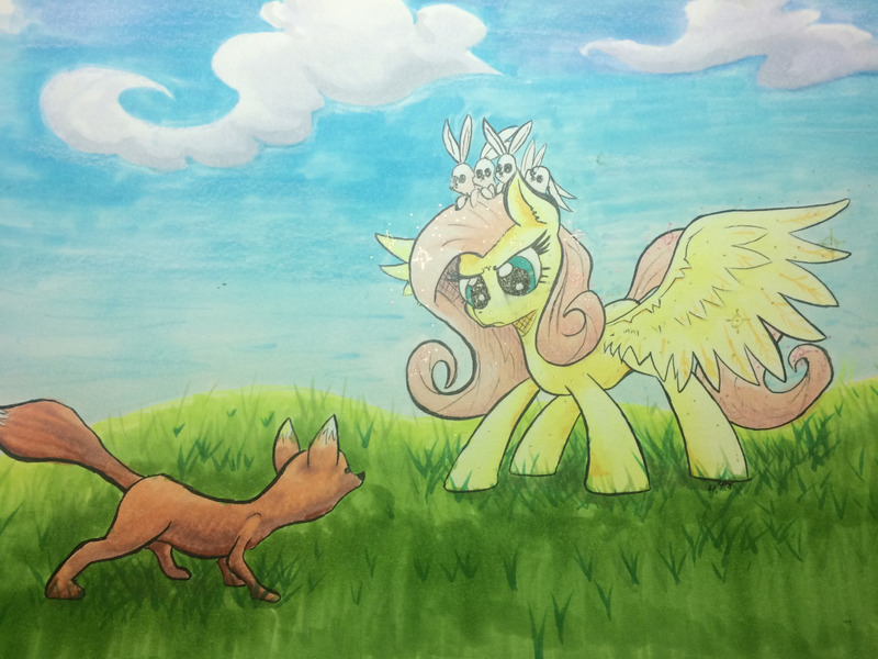 Size: 1280x960 | Tagged: artist:kittyhawk-contrail, badass, derpibooru import, eye contact, flutterbadass, fluttershy, fox, grass field, looking at each other, protecting, rabbit, safe, scenery, spread wings, stare, the stare, traditional art