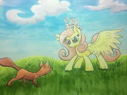 Size: 1280x960 | Tagged: artist:kittyhawk-contrail, badass, derpibooru import, eye contact, flutterbadass, fluttershy, fox, grass field, looking at each other, protecting, rabbit, safe, scenery, spread wings, stare, the stare, traditional art