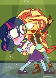 Size: 999x1378 | Tagged: safe, artist:psychodiamondstar, derpibooru import, sci-twi, sunset shimmer, twilight sparkle, equestria girls, blushing, boots, bowtie, clothes, dancing, female, flower, glasses, high heel boots, jacket, leather jacket, lesbian, lockers, looking at each other, mary janes, rose, scitwishimmer, shipping, shoes, skirt, smiling, socks, sparkles, spotlight, sunsetsparkle