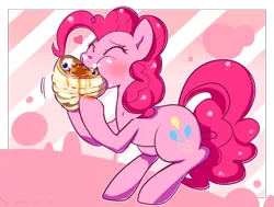 Size: 1390x1050 | Tagged: artist:haden-2375, blueberry, derpibooru import, eating, eyes closed, food, heart, maple syrup, nom, pancakes, pinkie pie, safe, solo, whipped cream