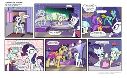 Size: 1921x1181 | Tagged: safe, artist:pencils, derpibooru import, coco pommel, plaid stripes, rarity, oc, oc:sweet dream, earth pony, pony, unicorn, comic:sunday slice of pony, cash register, clothes, comic, crossdressing, dancing, dialogue, door, exotic dancer, eyes closed, female, lights, looking at each other, magic, male, male dancers, mare, model, modeling, open mouth, raised hoof, smiling, speech bubble, stallion