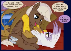 Size: 470x341 | Tagged: suggestive, artist:sorcerushorserus, derpibooru import, dumbbell, gilda, gryphon, pegasus, pony, comic:dash academy, bed, bedroom eyes, come hither, comic, cropped, cuddling, female, flirting, gildabell, hotel, implied sex, interspecies, male, shipping, snuggling, stallion, straight, toxic relationship