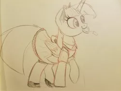 Size: 4032x3024 | Tagged: safe, artist:ncmares, derpibooru import, twilight sparkle, twilight sparkle (alicorn), alicorn, pony, alice in wonderland, clothes, crossover, cute, disney, dress, monochrome, simple background, sketch, smiling, solo, traditional art