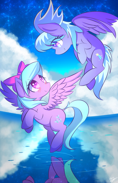Size: 770x1190 | Tagged: safe, artist:kawaiipony2, derpibooru import, cloudchaser, flitter, pegasus, pony, blushing, cloud, constellation, cute, cutechaser, duo, female, flitterbetes, flying, looking at each other, mare, open mouth, reflection, sisters, sky, smiling, spread wings, starry night, stars, water