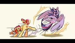 Size: 1900x1100 | Tagged: safe, artist:phyllismi, derpibooru import, sunset shimmer, twilight sparkle, twilight sparkle (alicorn), alicorn, pony, unicorn, colored pupils, dodge, duo, fight, flying, kick, large wings, letterboxing, motion lines, pixiv, raised leg, shadow, simple background, sparring, white background, widescreen, wings