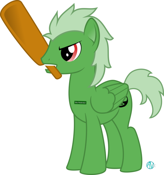 Size: 2073x2208 | Tagged: safe, artist:arifproject, derpibooru import, oc, ponified, unofficial characters only, pegasus, pony, derpibooru, angry, cutie mark, derpibooru ponified, green, imminent spanking, male, meta, moderator, mouth hold, paddle, simple background, solo, transparent background, vector