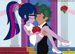 Size: 2313x1665 | Tagged: safe, artist:conikiblasu-fan, derpibooru import, sci-twi, timber spruce, twilight sparkle, equestria girls, bouquet, bridal carry, clothes, dress, female, garter, glasses, male, marriage, shipping, straight, suit, timbertwi, valentine's day, wedding, wedding dress