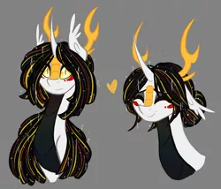 Size: 1280x1096 | Tagged: safe, artist:australian-senior, derpibooru import, oc, oc:niomedes invictus, unofficial characters only, alicorn, kirin, kirindos, alternate universe, antlers, bust, colored sclera, crossover, glados, golden eyes, gray background, hair bun, heart, image, png, portal, portal (valve), portal 2, scales, simple background, solo