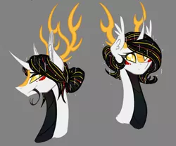 Size: 1280x1065 | Tagged: safe, artist:australian-senior, derpibooru import, oc, oc:niomedes invictus, unofficial characters only, alicorn, kirin, kirindos, alternate universe, antlers, bust, colored sclera, crossover, forked tongue, glados, golden eyes, gray background, hair bun, image, png, portal, portal (valve), portal 2, scales, simple background, solo