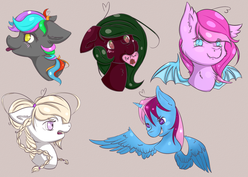 Size: 1726x1239 | Tagged: safe, artist:rainbow-marble, derpibooru import, oc, oc:parcly taxel, oc:terra flora, unnamed oc, unofficial characters only, alicorn, bat pony, pony, alicorn oc, bust, cute little fangs, doodle, expressions, fangs, heart, horn ring, mouth hold, tongue out, valentine, valentine's day