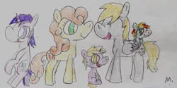 Size: 1837x915 | Tagged: safe, artist:ptitemouette, derpibooru import, amethyst star, carrot top, derpy hooves, dinky hooves, golden harvest, oc, oc:bubble top, pegasus, pony, derpytop, family, female, lesbian, mare, shipping, traditional art