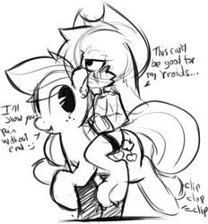 Size: 1179x1270 | Tagged: accessory theft, applejack, artist:0r0ch1, cowboy hat, derpibooru import, dialogue, face of mercy, furry, hat, hemorrhoids, looking back, monochrome, non-mlp oc, oc, oc:0r0ch1, riding, safe, stetson, this will end in pain, this will end in pain and/or death, this will not end well, trotting