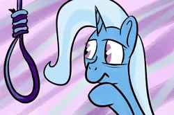 Size: 1300x861 | Tagged: artist needed, semi-grimdark, derpibooru import, trixie, pony, unicorn, 4chan cup scarf, clothes, contemplating, female, implied hanging, implied suicide, mare, meme, noose, ponified meme, scarf, solo, suicide