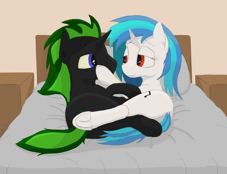 Size: 1876x1435 | Tagged: suggestive, artist:kpvt, derpibooru import, vinyl scratch, oc, ass, bed, bedroom, bedroom eyes, female, hug, male, shipping, straight, wrong eye color