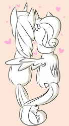 Size: 1525x2793 | Tagged: safe, artist:php54, derpibooru import, princess cadance, shining armor, alicorn, pony, unicorn, bow, female, hair bow, heart, hug, male, nuzzling, rear view, shiningcadance, shipping, simple background, sitting, straight, tail bow, teen princess cadance, winghug, younger