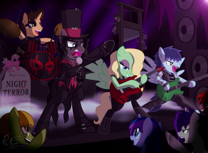 Size: 3400x2500 | Tagged: safe, artist:ponyecho, derpibooru import, oc, oc:night terror, ponified, unofficial characters only, pony, alice cooper, audience, band, bipedal, clothes, commission, concert, drum kit, drums, drumsticks, electric guitar, guillotine, guitar, hat, makeup, metal as fuck, microphone, musical instrument, night, open mouth, tomb, top hat