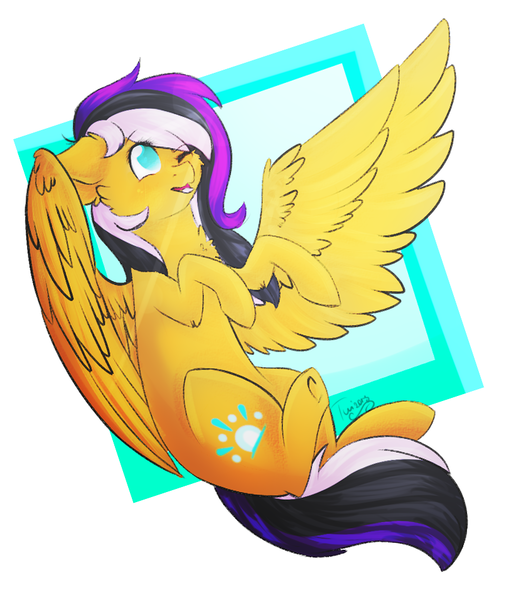 Size: 806x956 | Tagged: safe, artist:twinkepaint, derpibooru import, oc, oc:sunrise, unofficial characters only, pegasus, pony, female, flying, mare, one eye closed, solo, wink